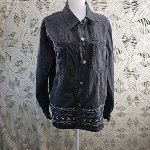 90s Denim & Co Boho Shacket Jacket with embroidery.  Black
